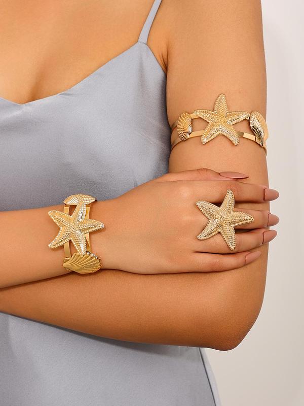 Women's Elegant Starfish & Shell Design Open Bangle Bracelet & Ring & Arm Cuff, Exquisite Trendy Jewelry Set, Fashionable Vintage Jewelry Set for Women & Girls