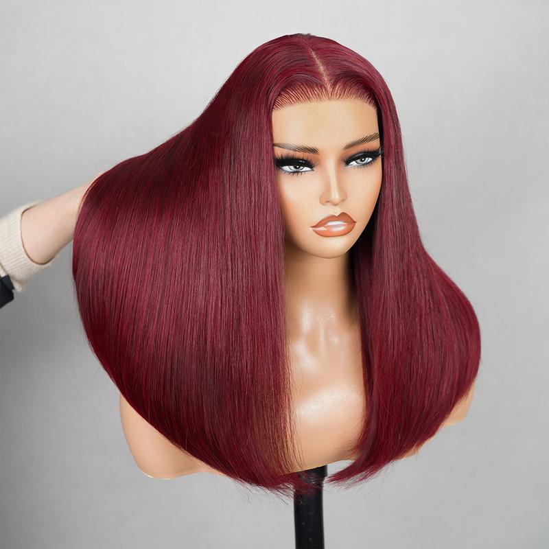 Arabella 250% Density Frontal Lace Long Bob Wig Burgundy Black Blunt Cut Super Silky Straight 6x5 Glueless Grab to Go Human Hair Lace Front Wig