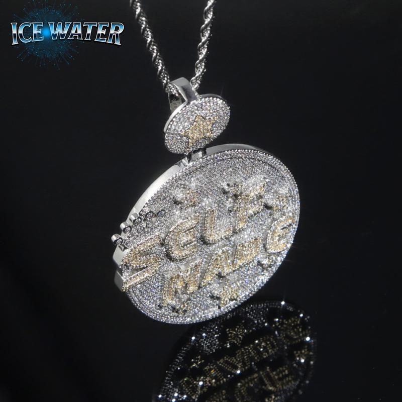 ICE WATER SELF MADE solid back Round Pendant Shape zirconia Iced Out Bling Full Paved Men's Jewelry