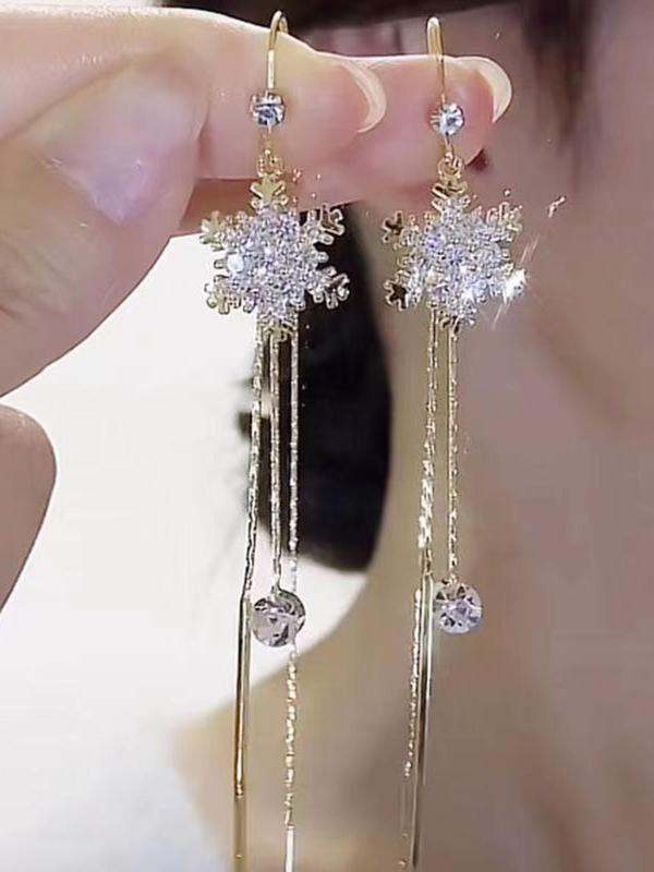 Women's 1 Pair Luxury Rhinestone Tassel Snowflake Decor Dangle Earrings, Elegant Fashionable and Versatile Jewelry Accessories Gift for Women