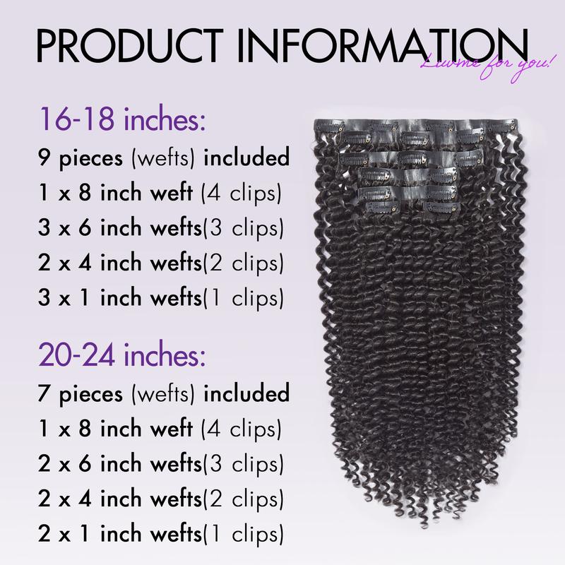 LUVME clip in hair extensions for girls Fullness with 1 Pack 135g and super flat for kinky curly  straight body wave  yaki straight kinky straight 100% virgin human hair