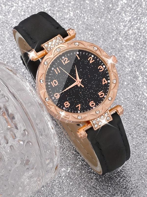 Women's Elegant Rhinestone Decorated Quartz Watch & Jewelry Set, Including Round Dial Watch & Butterfly Design Pendant Necklace & Earrings & Bracelet, Fashion Watch Set for Women As Gift