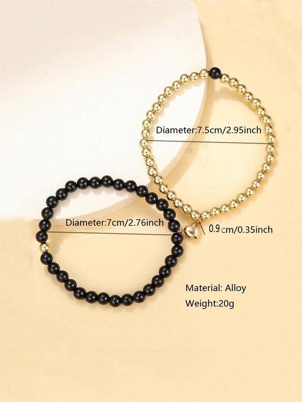 Half Heart Magnetic Beaded Couple Matching Bracelet, 2pcs set Simple Casual Beaded Bracelet for Women and Girl, Fashion Accessories Jewelry As Gift for Girlfriend and Boyfriend