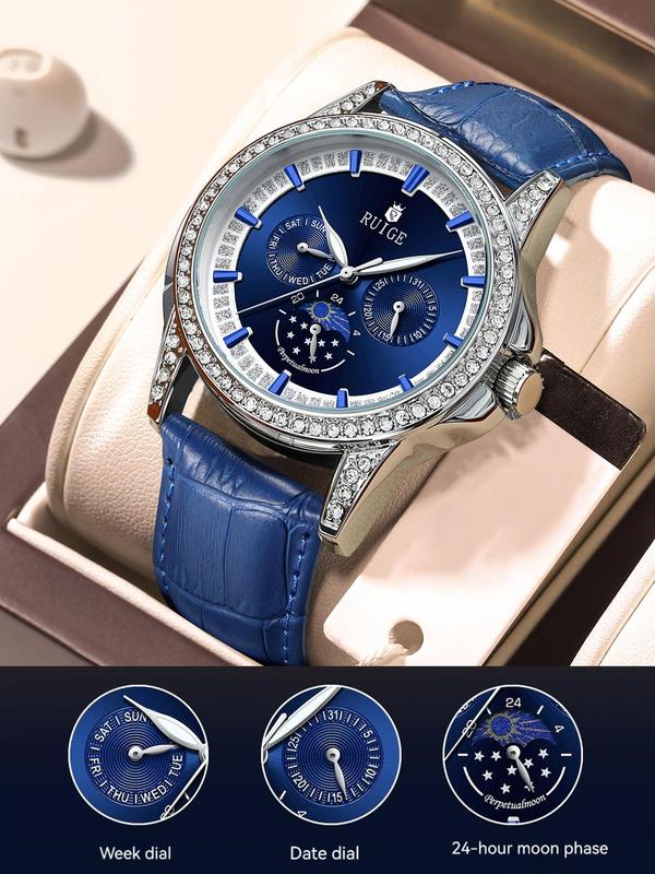 Men's Business Luxury Fashion Rhinestone Decorated Round Dial Quartz Watch, Casual Trendy PU Leather or Stainless Steel Strap Watch, Gifts for Men with Box