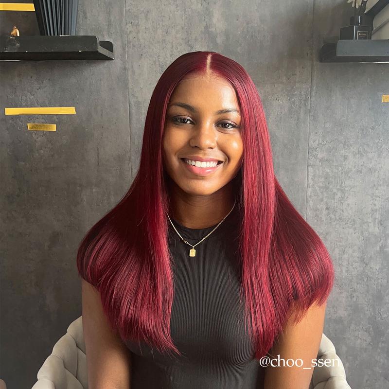 Arabella 250% Density Frontal Lace Long Bob Wig Burgundy Black Blunt Cut Super Silky Straight 6x5 Glueless Grab to Go Human Hair Lace Front Wig