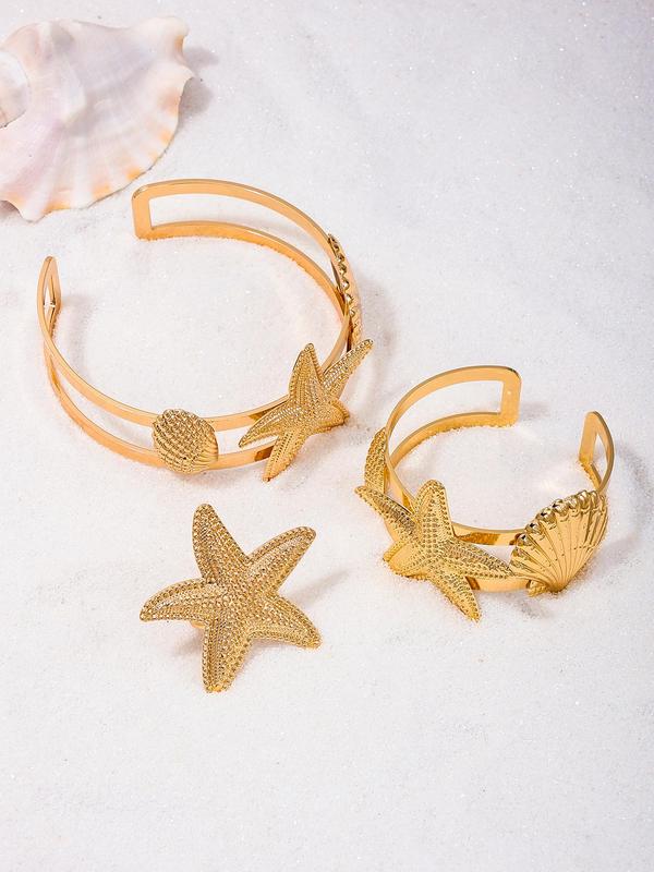 Women's Elegant Starfish & Shell Design Open Bangle Bracelet & Ring & Arm Cuff, Exquisite Trendy Jewelry Set, Fashionable Vintage Jewelry Set for Women & Girls