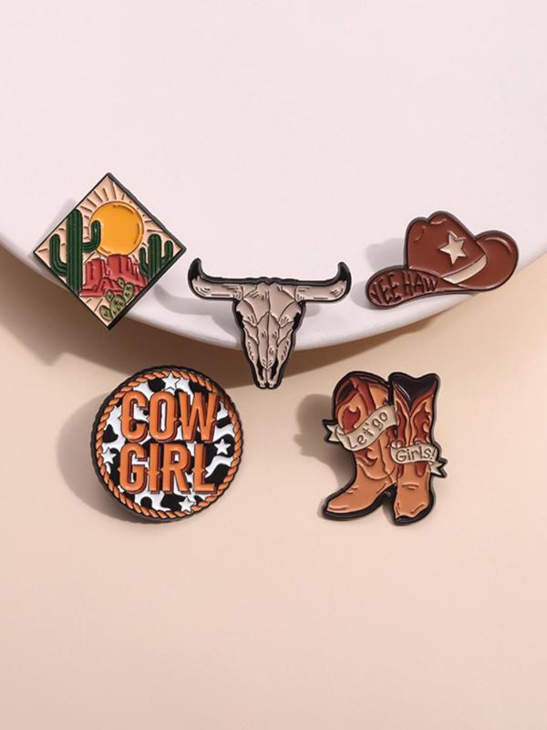 Cowboy Hat & Boots & Letters Design Brooch, 5 Counts Cute Cowboy Style Badge for Clothes & Hat & Backpack Decor, Fashion Vintage Accessories for Men & Women