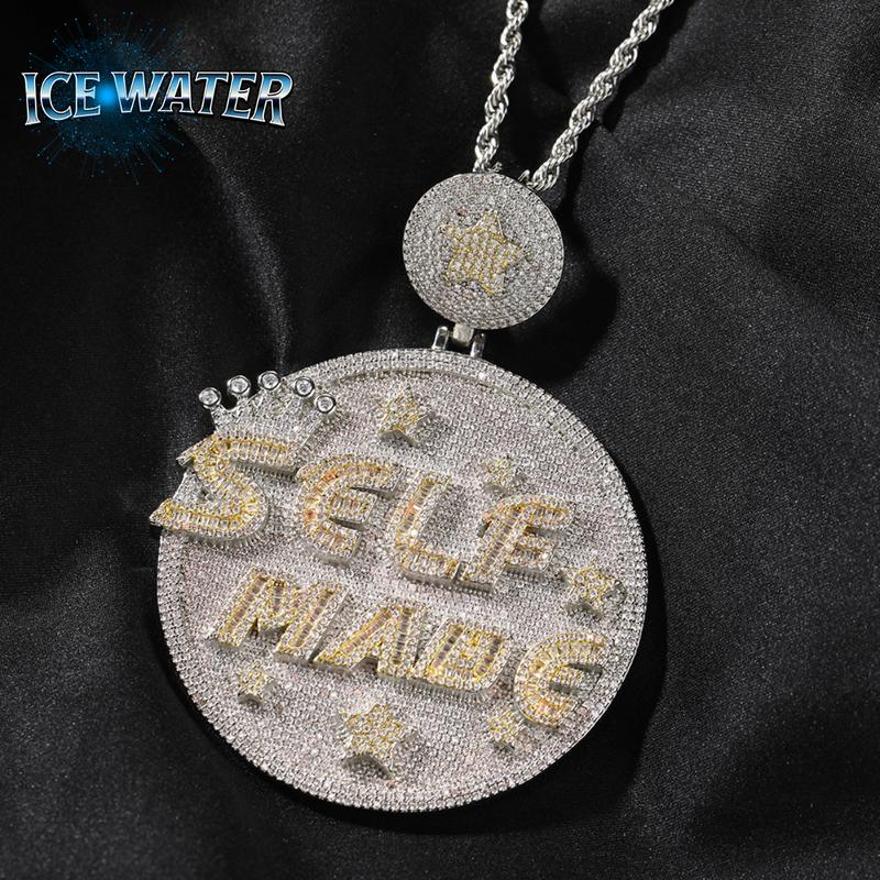 ICE WATER SELF MADE solid back Round Pendant Shape zirconia Iced Out Bling Full Paved Men's Jewelry