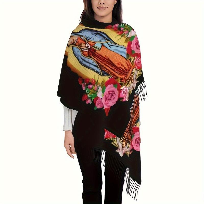 Luxury Mexican Floral Print Scarf - Women's Soft Warm Shawl With Tassels | Versatile Wrap For Coats, Sweaters And Suits