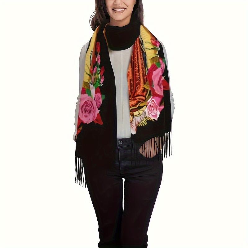 Luxury Mexican Floral Print Scarf - Women's Soft Warm Shawl With Tassels | Versatile Wrap For Coats, Sweaters And Suits