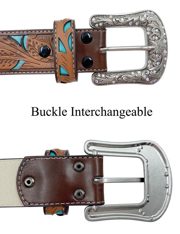 Topacc Western Belts for Women Cowboy Cowgirl Floral Embossed PU Leather Belt with Rhinestone Buckle