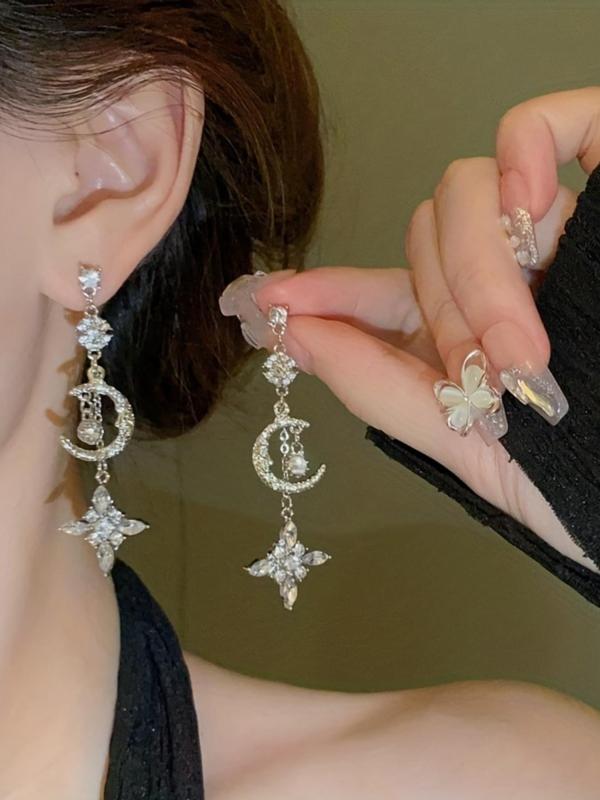 Rhinestone Star & Moon Design Dangle Earrings, Elegant Drop Earrings for Women, Fashion Jewelry for Party, Daily Clothing Decor, Trendy All-match & Exquisite Jewelry for Birthday Gift