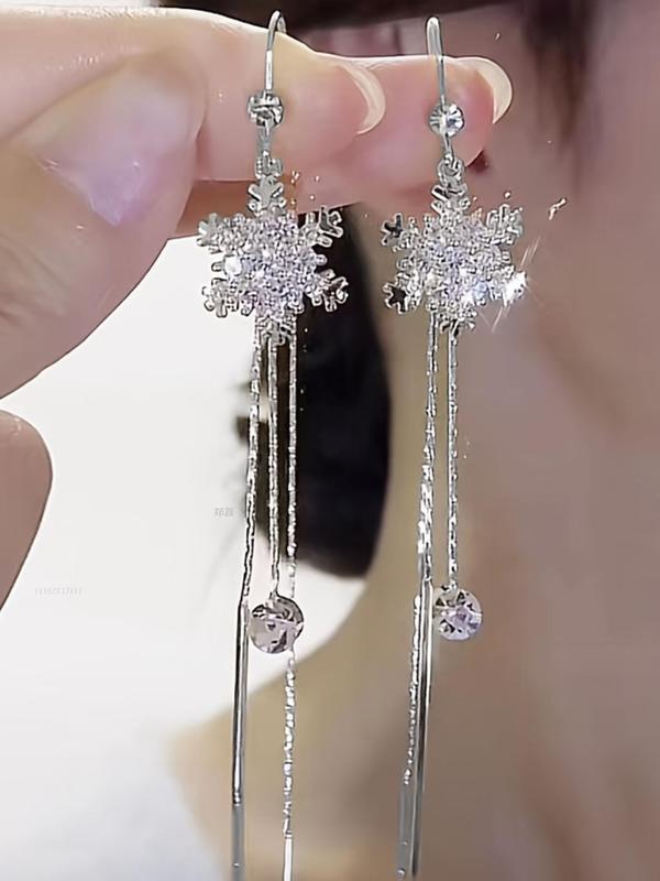 Women's 1 Pair Luxury Rhinestone Tassel Snowflake Decor Dangle Earrings, Elegant Fashionable and Versatile Jewelry Accessories Gift for Women