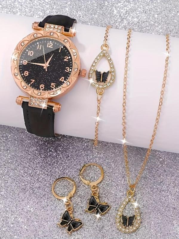 Women's Elegant Rhinestone Decorated Quartz Watch & Jewelry Set, Including Round Dial Watch & Butterfly Design Pendant Necklace & Earrings & Bracelet, Fashion Watch Set for Women As Gift