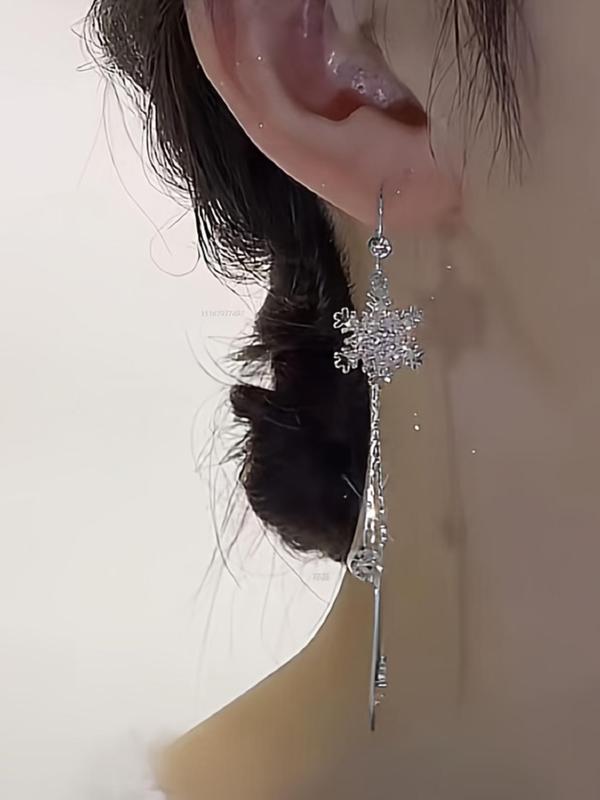 Women's 1 Pair Luxury Rhinestone Tassel Snowflake Decor Dangle Earrings, Elegant Fashionable and Versatile Jewelry Accessories Gift for Women