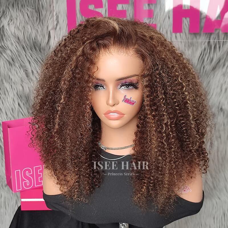 ISEE Wear Go Highlight Brown Color Kinky Curly & Deep Wave Middle Length Wig 4*6 Lace Closure Wig