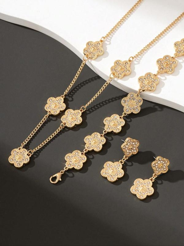 Elegant Flower Design Rhinestone Decorated Jewelry Set, Fashion Jewelry for Party, Daily Clothing Decor, Trendy All-match & Exquisite Jewelry for Birthday Gift