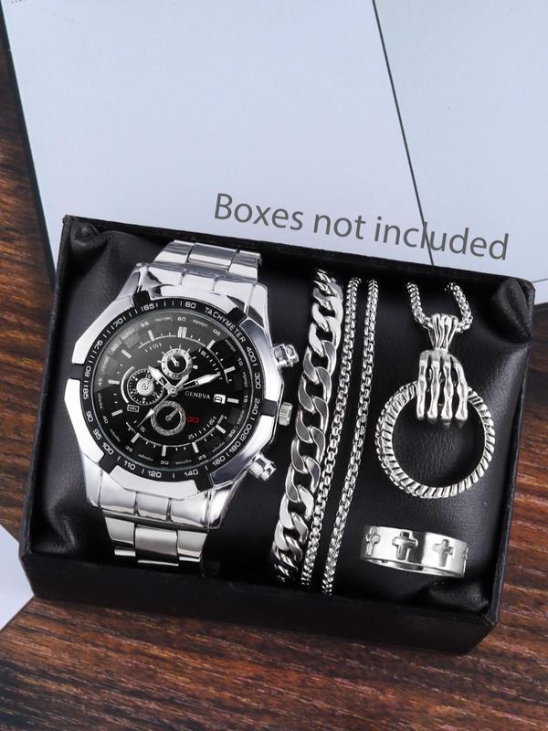 Men's Classic Watch & Jewelry Set, Fashion Round Dial Analog Quartz Watch with Calendar & Chain Bracelet & Ring & Pendant Necklace, Watch Set for Party, Daily Decor, Exquisite Watch Set for Gift