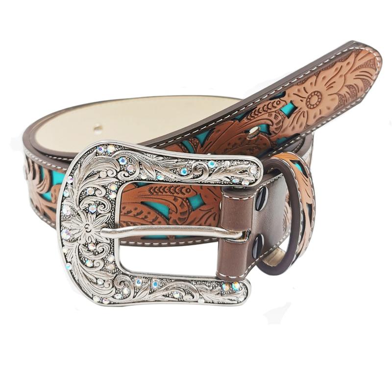 Topacc Western Belts for Women Cowboy Cowgirl Floral Embossed PU Leather Belt with Rhinestone Buckle