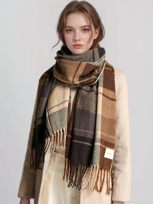 Women's Plaid Pattern Tassel Decor Scarf, Casual Soft Warm Thick Shawl for Fall & Winter, Fashion Accessories for Women & Girls