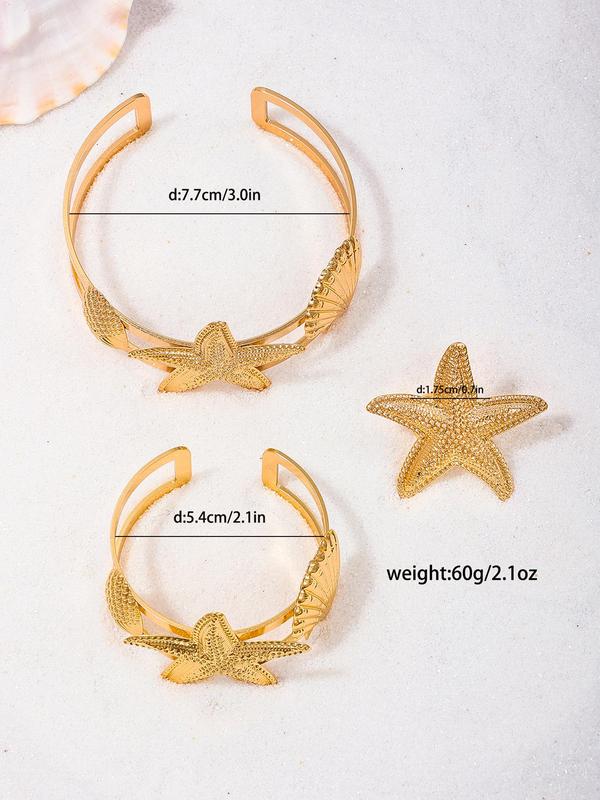 Women's Elegant Starfish & Shell Design Open Bangle Bracelet & Ring & Arm Cuff, Exquisite Trendy Jewelry Set, Fashionable Vintage Jewelry Set for Women & Girls