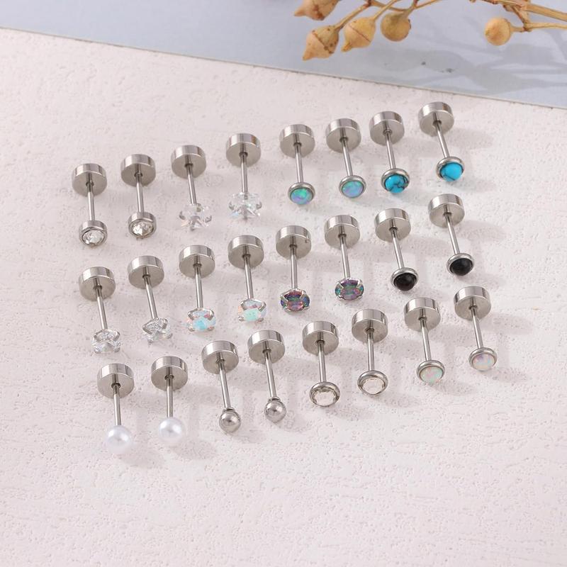 12 Pairs Hypoallergenic Surgical Steel Flatback Stud Earrings for Men & Women - CZ Opal, Screw Back, Perfect for Cartilage & Sensitive Ears.