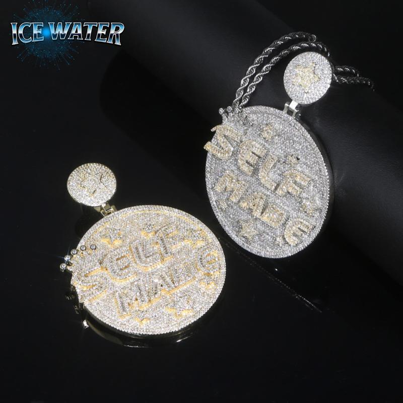 ICE WATER SELF MADE solid back Round Pendant Shape zirconia Iced Out Bling Full Paved Men's Jewelry