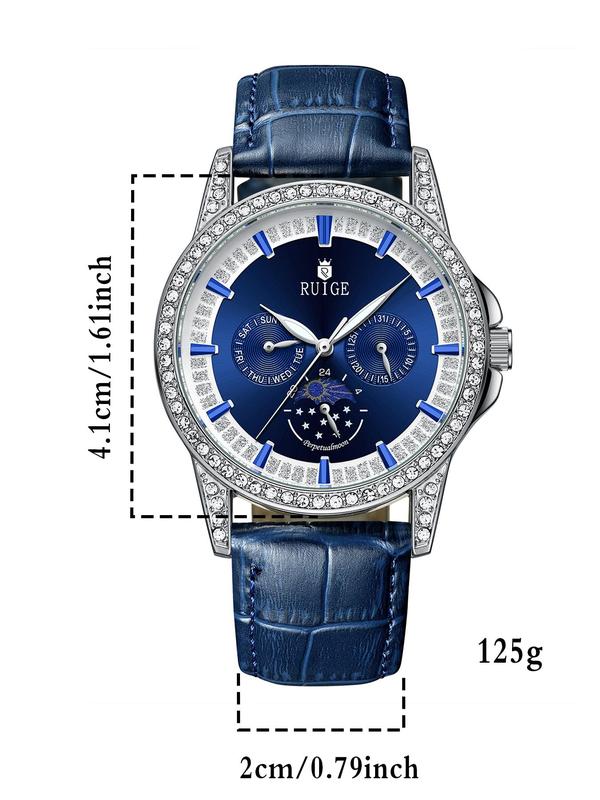 Men's Business Luxury Fashion Rhinestone Decorated Round Dial Quartz Watch, Casual Trendy PU Leather or Stainless Steel Strap Watch, Gifts for Men with Box