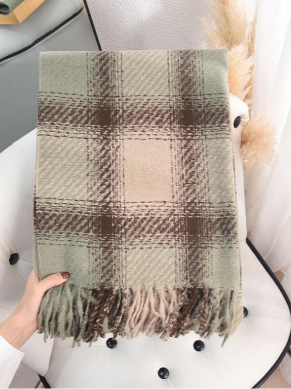 Plaid Pattern Tassel Decor Scarf, Casual Soft Warm Shawl for Fall & Winter, Fashion Accessories for Women & Girls