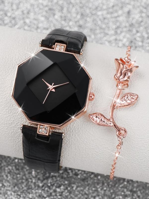 Women's Geometric Dial Quartz Watch & Flower Charm Bracelet, 2pcs set Casual Rhinestone Decorated Matching Wristwatch Set, without Box