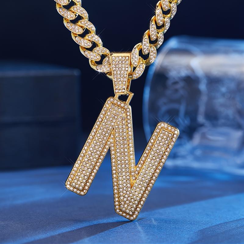 1Pc Initial Letter Decorative Pendant, Iced 13mm Cuban Link Chain