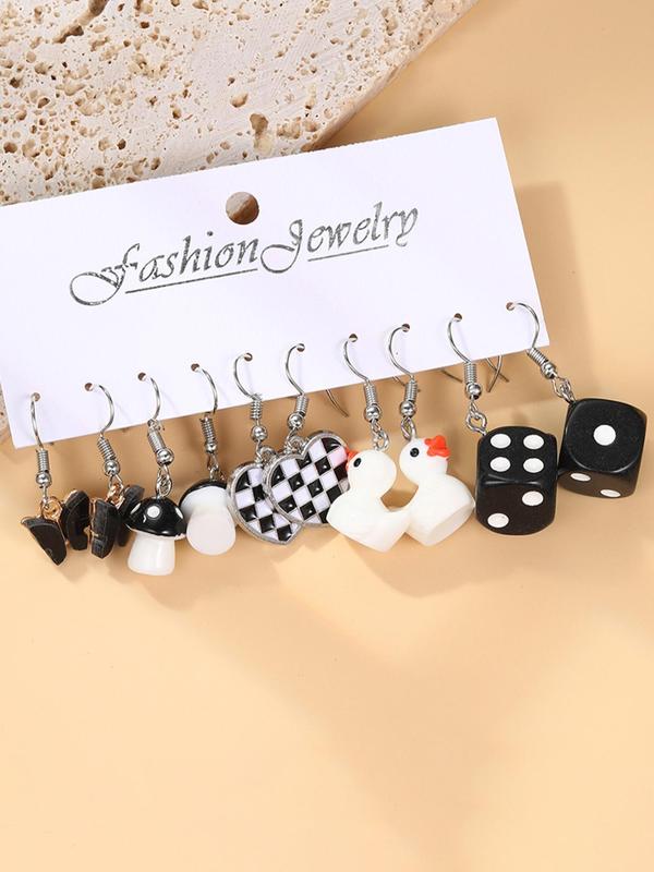 5 Pairs Cute Cartoon Dangle Earrings, Heart & Butterfly & Duck & Dice & Checkerboard Shaped Earrings for Women & Girls, Elegant All-match Fashion Accessories for Daily Wear