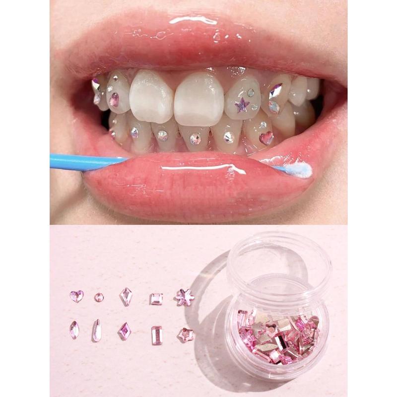 50Pcs Box Y2k Style Fashionable 10 Shapes Tooth Gem Face & Nail Decoration Heart And Butterfly Shaped DIY Tooth Jewelry Set (Without Glue)