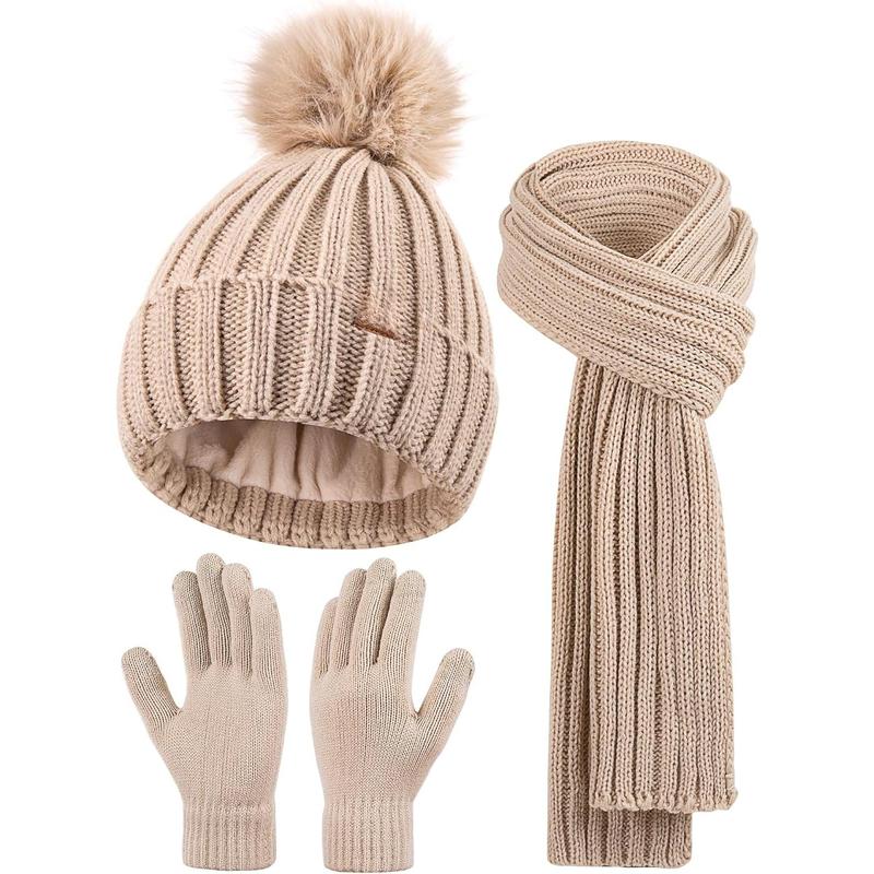 Winter Beanie Hat Scarf Gloves Set for Women Fleece Lined PomPom Hat with Long Knit Scarf,  Warmer Touchscreen Gloves