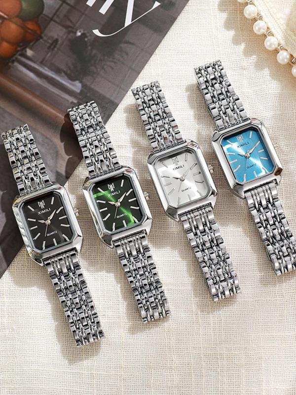 Women's Elegant Rectangle Dial Quartz Watch, Fashionable Stainless Steel Strap Wristwatch for Women & Girls, Trendy All-match Watch for Birthday Gift