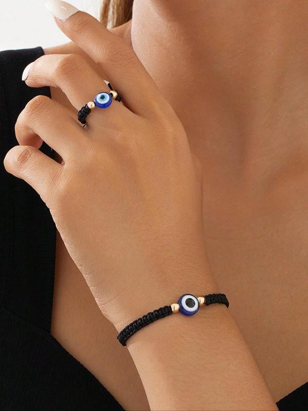 Evil Eye Design Adjustable Bracelet & Ring, Fashionable Jewelry Set for Women & Men, Trendy All-match & Exquisite Jewelry for Birthday Gift