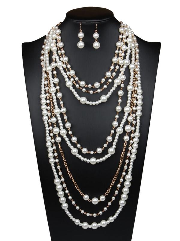 Faux Pearl Decorated Necklace & Dangle Earrings Set, Elegant Multi-layer Necklace for Party, Daily Decor, Trendy All-match & Exquisite Jewelry for Birthday Gift