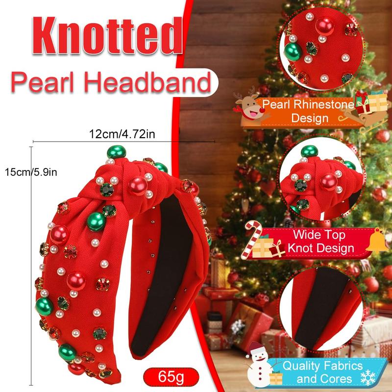 Christmas Headband for Women Pearl Knotted Headband Xmas Red Green Pearl Rhinestone Crystal Jeweled Hairband Fashion Elegant Ladies Wide Top Knot Hair Bands Headpiece Holiday Outfits Gifts (Red)