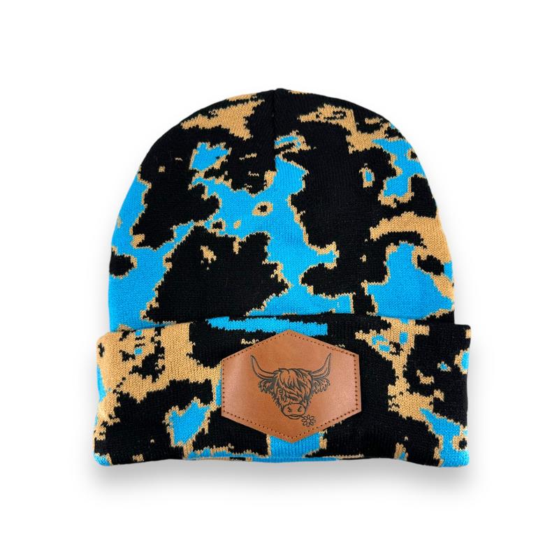 Blue Highland Cow Print Beanie