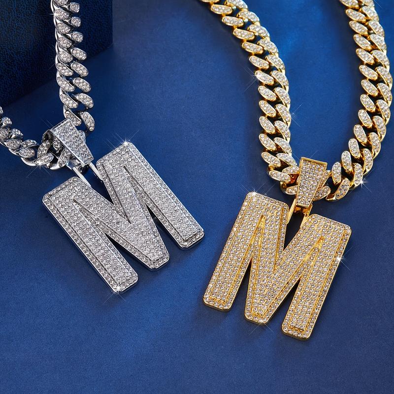 1Pc Initial Letter Decorative Pendant, Iced 13mm Cuban Link Chain