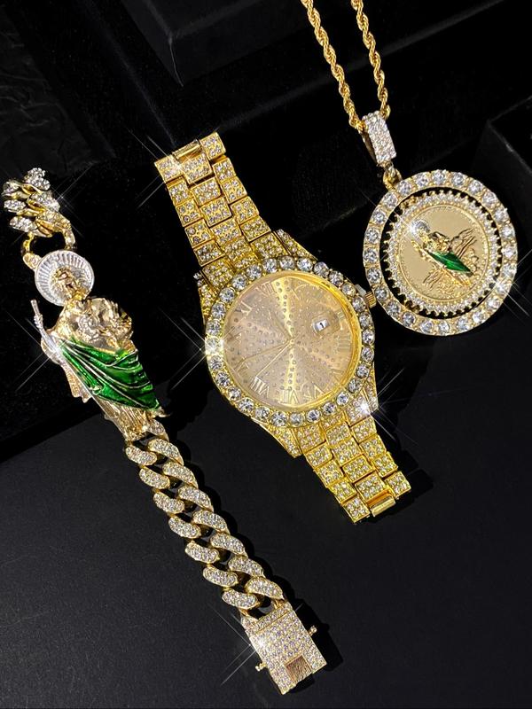 Men's Hip Hop Rhinestone Decorated Watch & Bracelet & Necklace, Luxury Quartz Watch with Date Display, Fashion Watch Set for Party, Daily Decor, Exquisite Watch Set for Gift