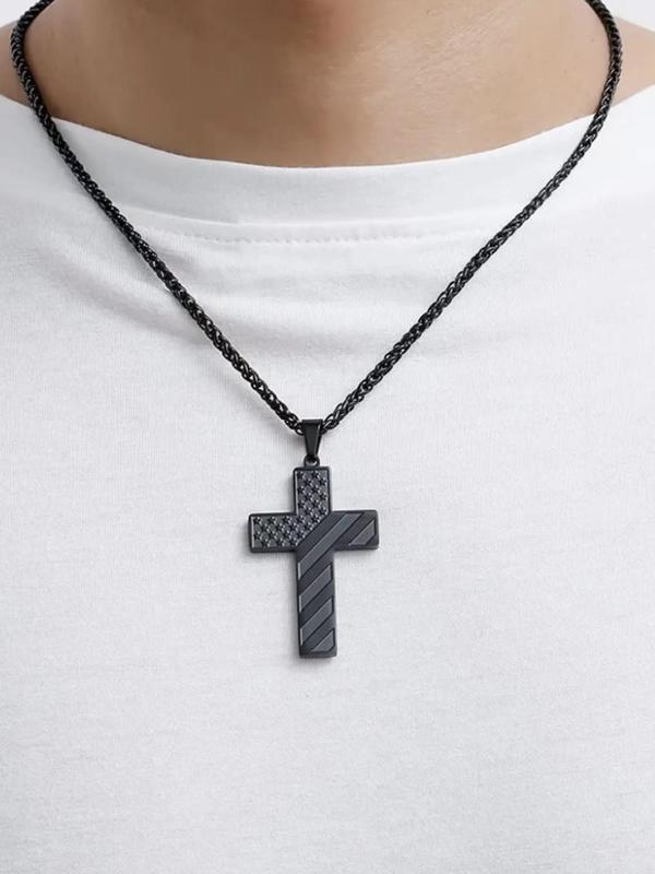 Men's Cross Charm Pendant Necklace, Hip Hop Punk Stainless Steel Vintage Jewelry, Trendy All-match Flag & Letter Detail Streetwear Accessories