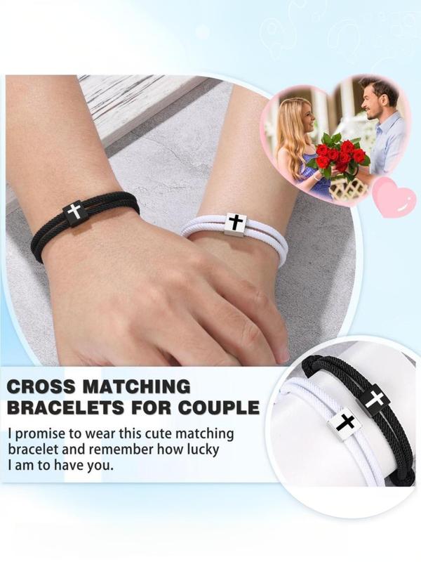 Cross Bead Decor Braided Rope Bracelet Set, Fashionable Couple Bracelet for Women & Men, Trendy All-match & Exquisite Jewelry for Birthday Gift