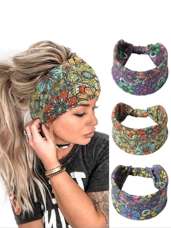 Floral Print Summer Hair Bands, Sporty Fashion Elastic Hairband for Gym Workout Running, Women & Girls Summer Sports Accessories