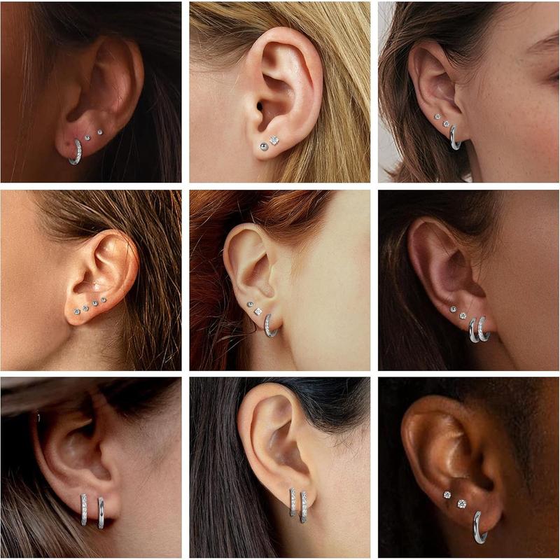 LOYALLOOK 10Pairs Surgical Steel Earrings Sets for Multiple Piercing Lightweight Small Sleeper Huggie Hoop Earrings Tiny Ball CZ Flatback Stud Earrings for Cartilage Helix Lobe Hypoallergenic