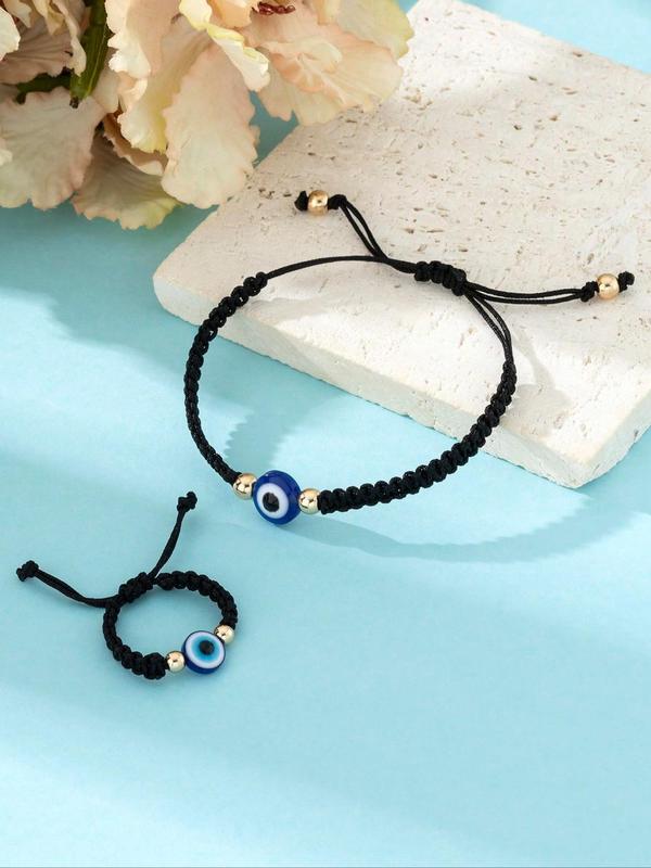 Evil Eye Design Adjustable Bracelet & Ring, Fashionable Jewelry Set for Women & Men, Trendy All-match & Exquisite Jewelry for Birthday Gift