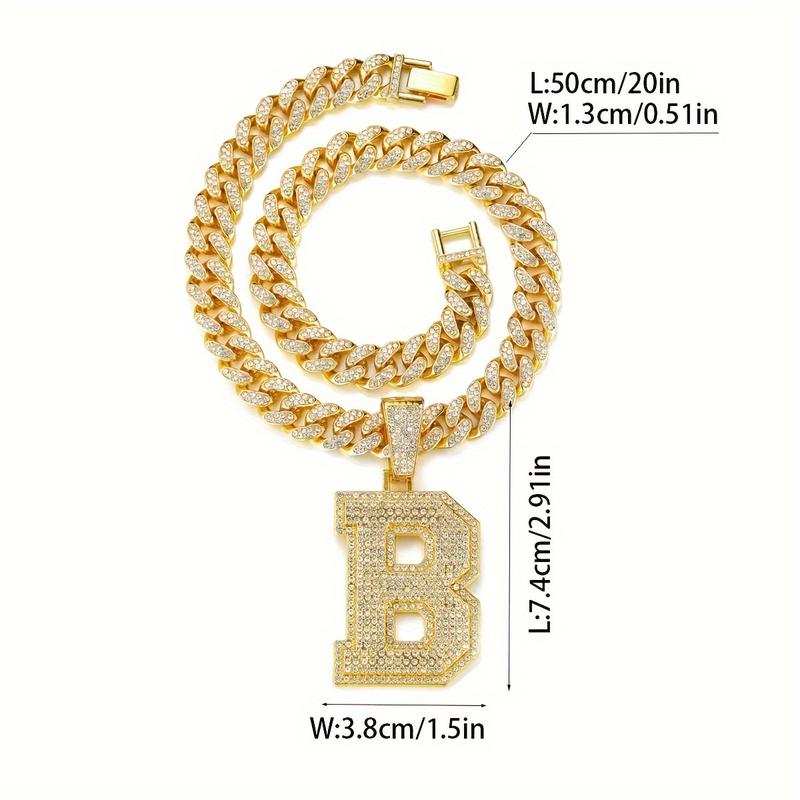 1Pc Initial Letter Decorative Pendant, Iced 13mm Cuban Link Chain