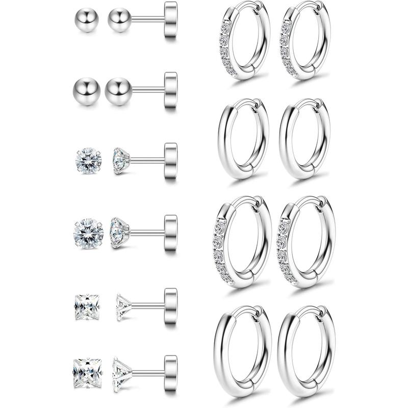 LOYALLOOK 10Pairs Surgical Steel Earrings Sets for Multiple Piercing Lightweight Small Sleeper Huggie Hoop Earrings Tiny Ball CZ Flatback Stud Earrings for Cartilage Helix Lobe Hypoallergenic