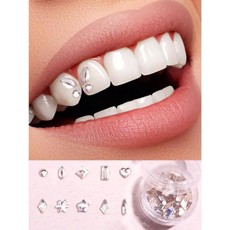 50Pcs Box Y2k Style Fashionable 10 Shapes Tooth Gem Face & Nail Decoration Heart And Butterfly Shaped DIY Tooth Jewelry Set (Without Glue)