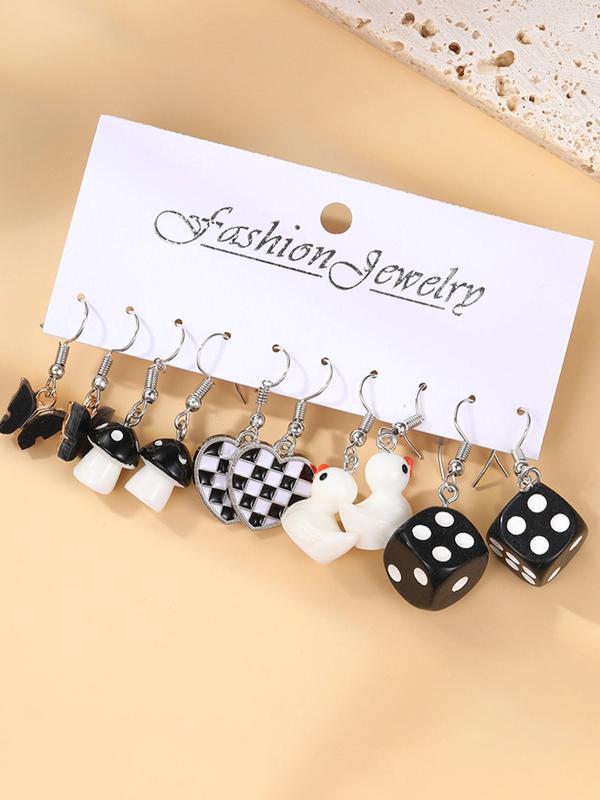 5 Pairs Cute Cartoon Dangle Earrings, Heart & Butterfly & Duck & Dice & Checkerboard Shaped Earrings for Women & Girls, Elegant All-match Fashion Accessories for Daily Wear